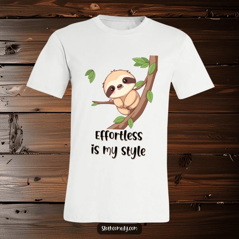 Funny t-shirt with a cute sloth character slowly and effortfully inching along a tree branch, showcasing determination with a gentle smile.
