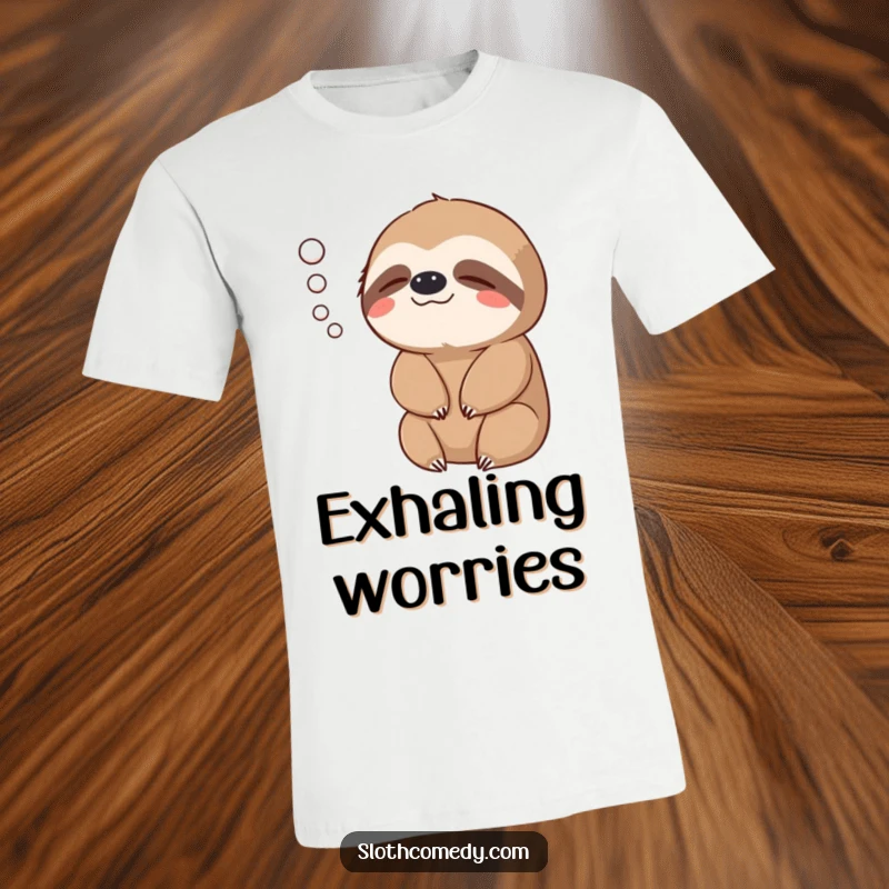 Funny T-Shirt: A sloth gently exhales, depicted as a soft puff of air, embodying tranquility.