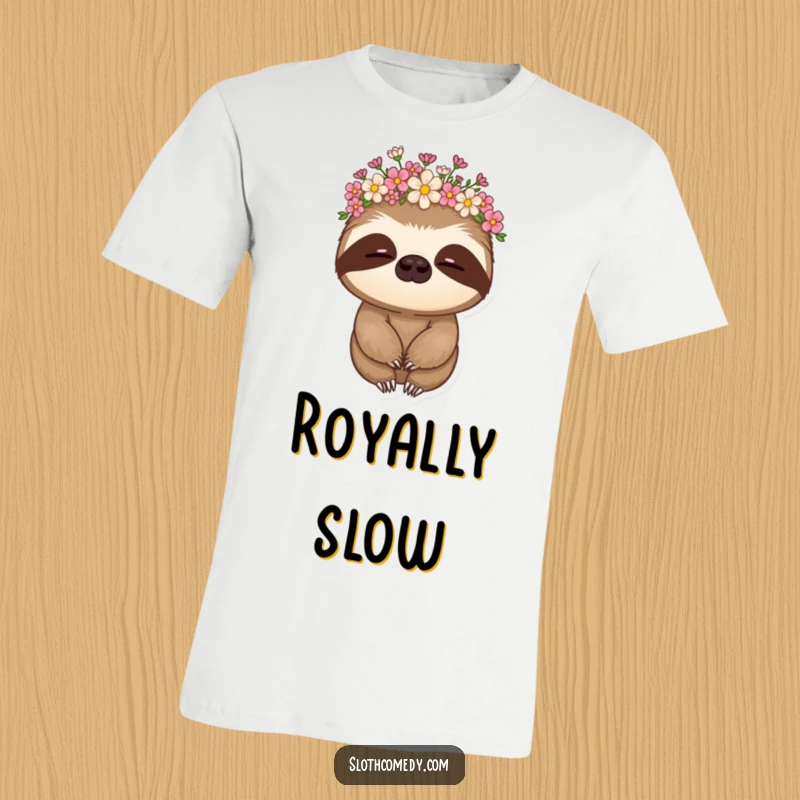 Funny sloth t-shirt graphic of a sloth with a flower crown, nodding slowly, embodying calm and humor.