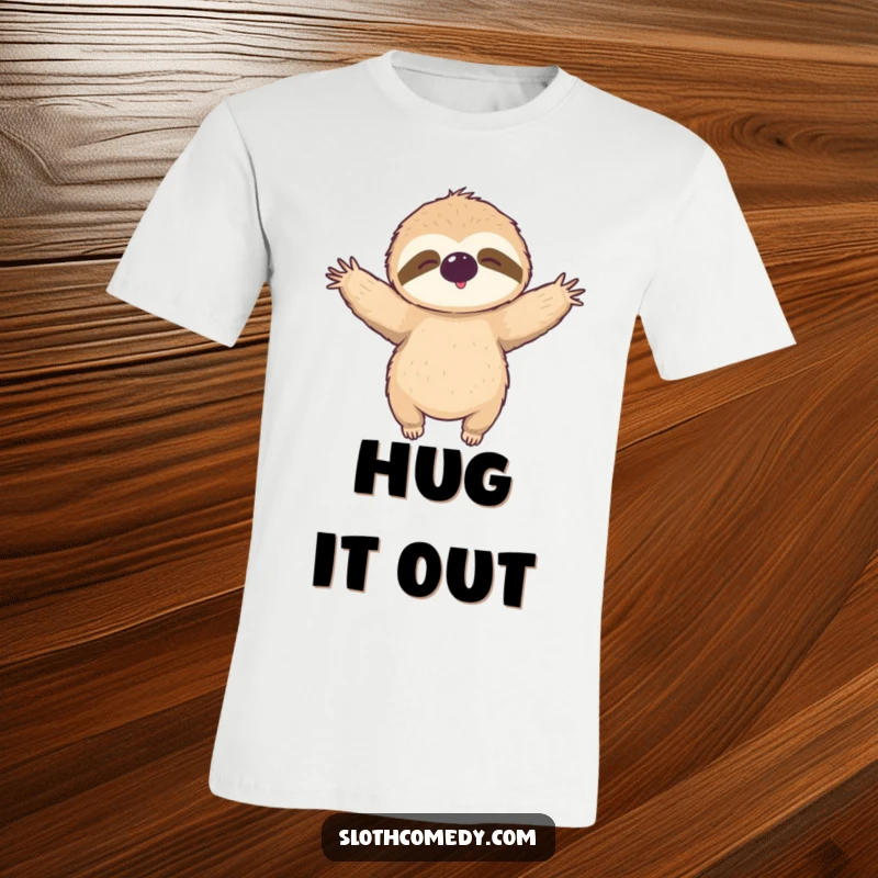Funny T-Shirt: A sloth is pictured with its arms outstretched, ready to give a big, relaxed hug.