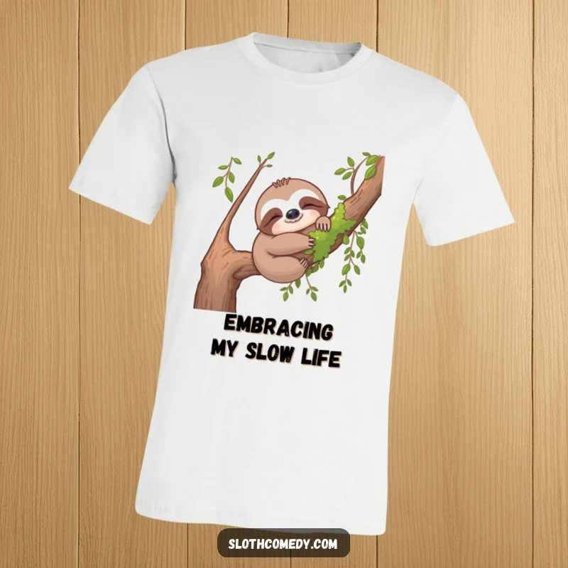 Funny sloth t-shirt with a sloth hugging a mossy branch, conveying deep contentment and a love for nature.
