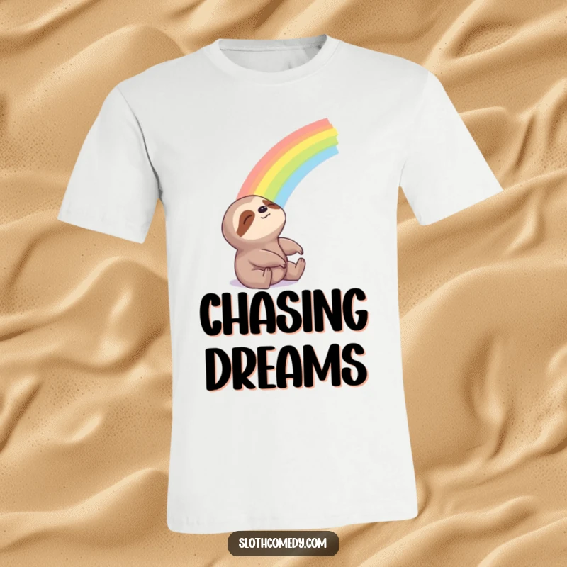 Funny T-Shirt depicting a sloth looking blissfully at a beautiful rainbow, capturing a moment of serene hope.