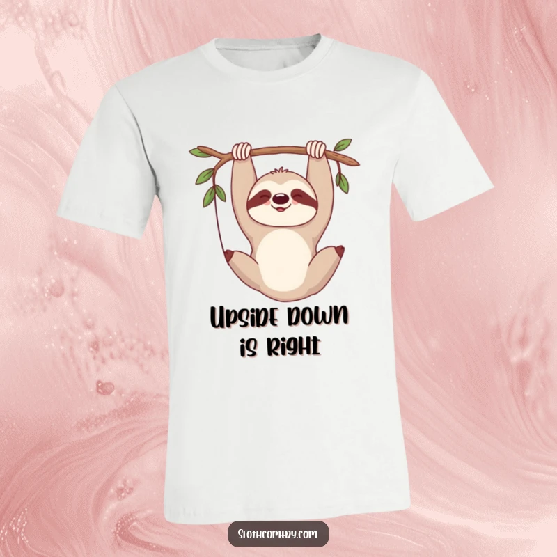 Funny t-shirt showcasing a sloth hanging upside down, letting out a deep, contented sigh.