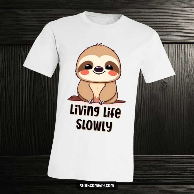 Funny T-Shirt: A smiling sloth is depicted enjoying a leisurely and very slow descent, embodying peace.