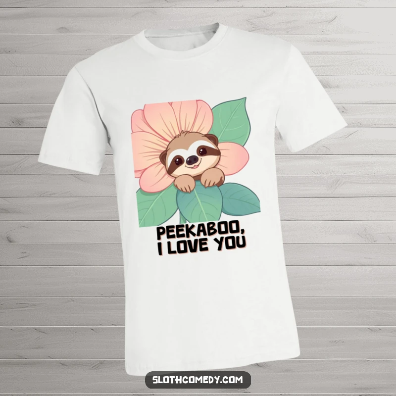 Funny Sloth T-Shirt: A smiling sloth character playfully peeks from behind a large flower, embodying a shy, humorous, and endearing surprise.