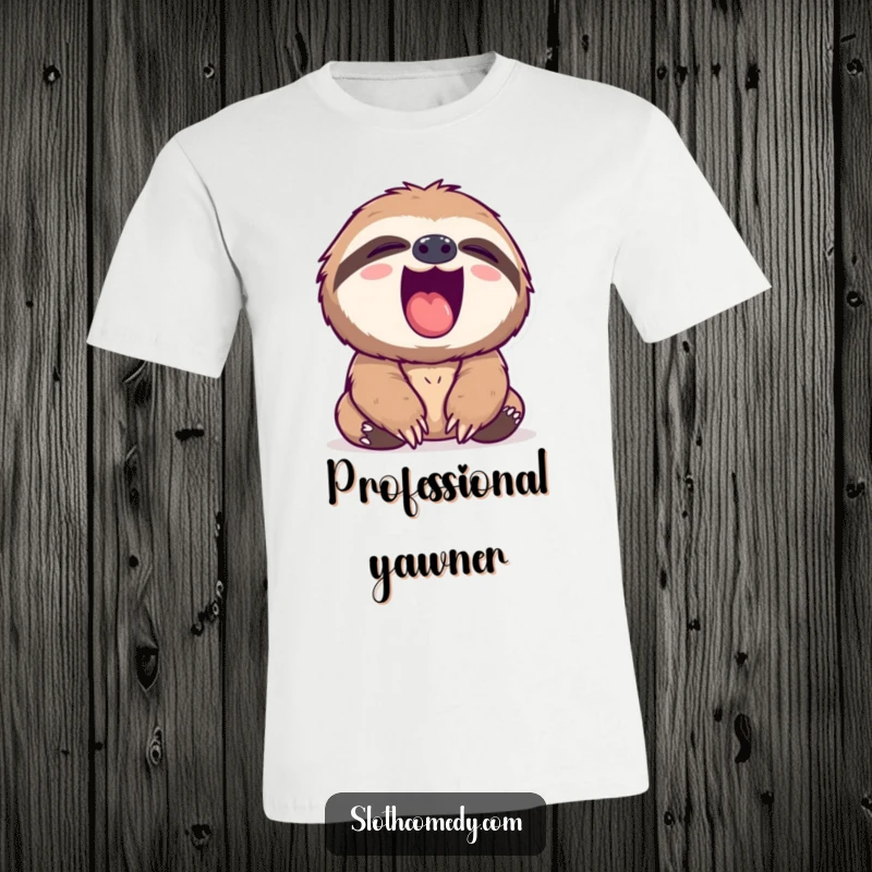 Funny sloth t-shirt graphic of a sloth yawning widely, revealing a pink mouth, perfect for laid-back individuals.