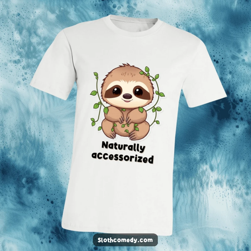 Funny T-Shirt featuring a sloth with small vines playfully entwined around its limbs, embodying a gentle connection with nature.