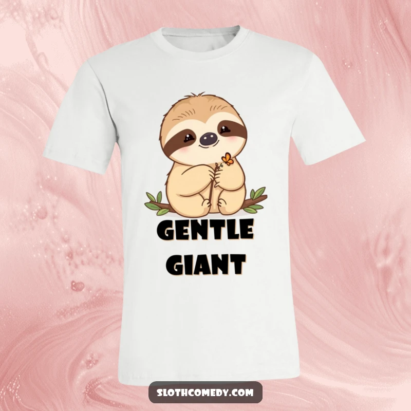 Funny T-Shirt featuring a kawaii sloth with a tiny butterfly resting on its paw, symbolizing gentle interactions and nature's beauty.