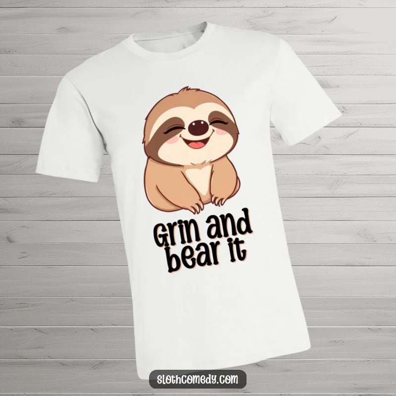 Funny t-shirt depicting a sloth slowly blinking, then breaking into an incredibly wide, infectious grin, radiating pure happiness.