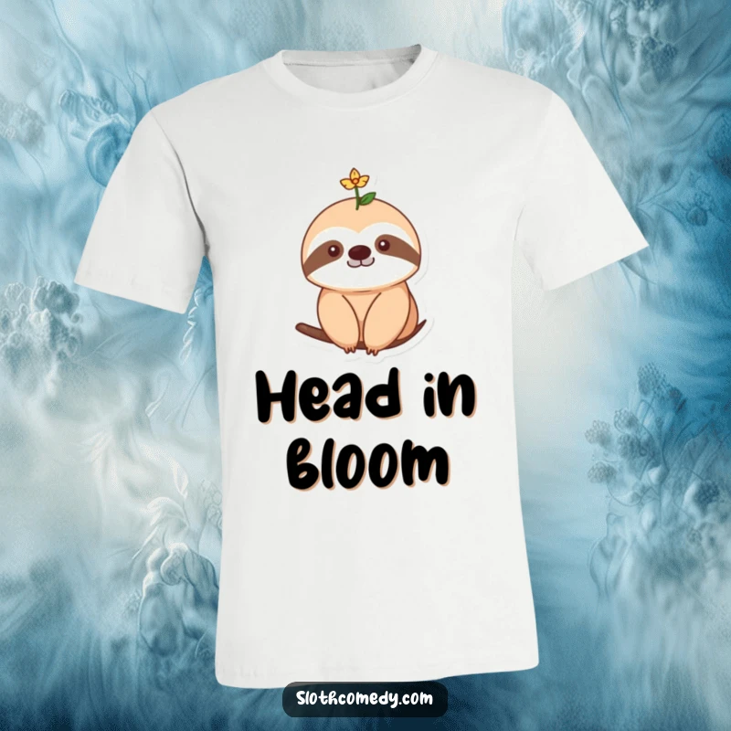 Funny T-Shirt depicting a sloth with a single, small flower blossoming on its head, representing natural charm and sweetness.