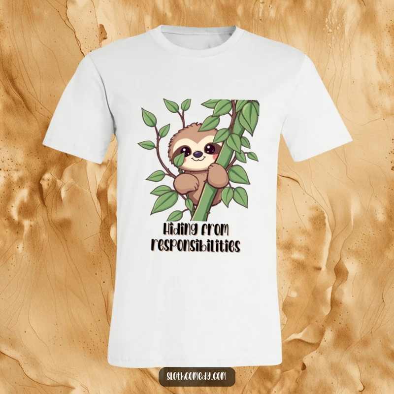 Funny kawaii sloth t-shirt featuring a sloth peeking from behind a vine, perfect for playful and humorous personalities.
