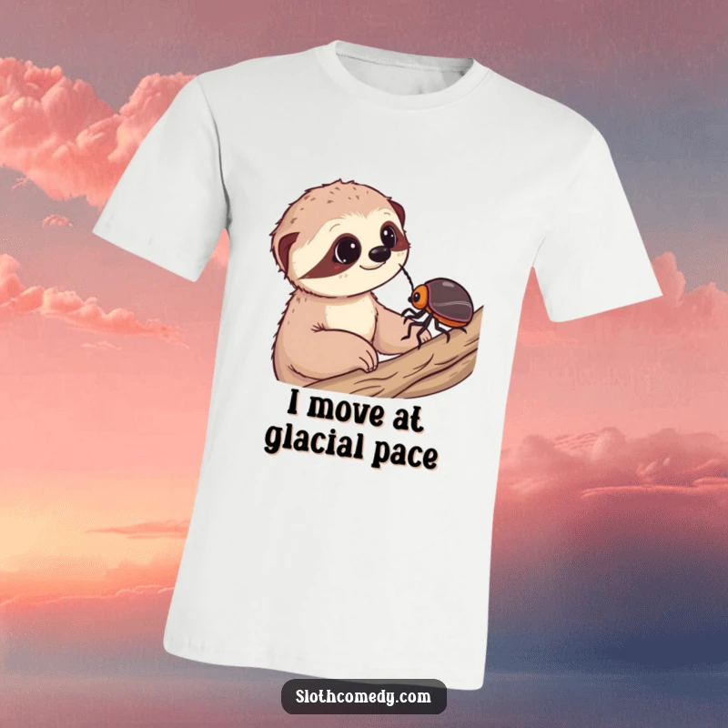 Funny sloth t-shirt depicting a curious sloth staring in amazement at a slow-moving beetle, embodying a sense of wonder and patience.