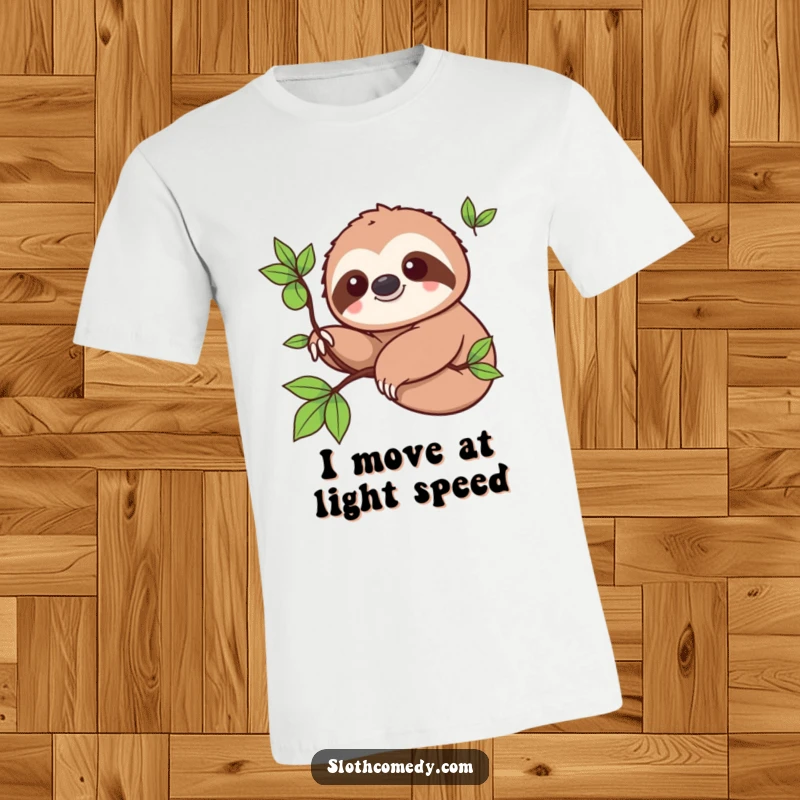 Funny T-Shirt: A cute kawaii sloth with a smile slowly extending a branch, perfect for humor lovers and slow lifestyle enthusiasts.
