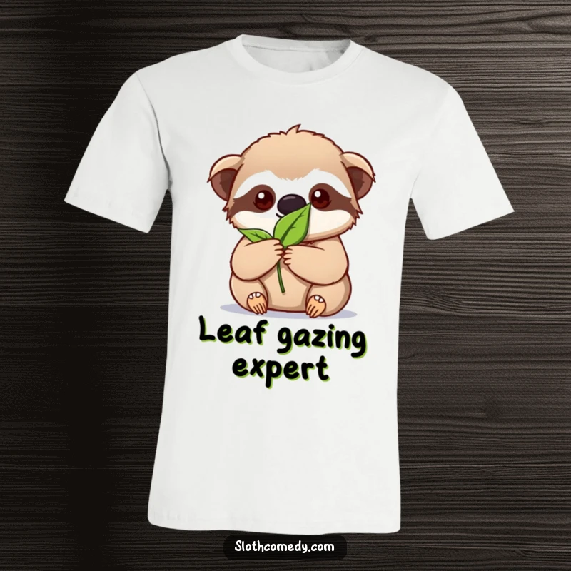 Funny kawaii sloth t-shirt depicting intense focus on holding a single leaf, symbolizing dedication and mindful effort.