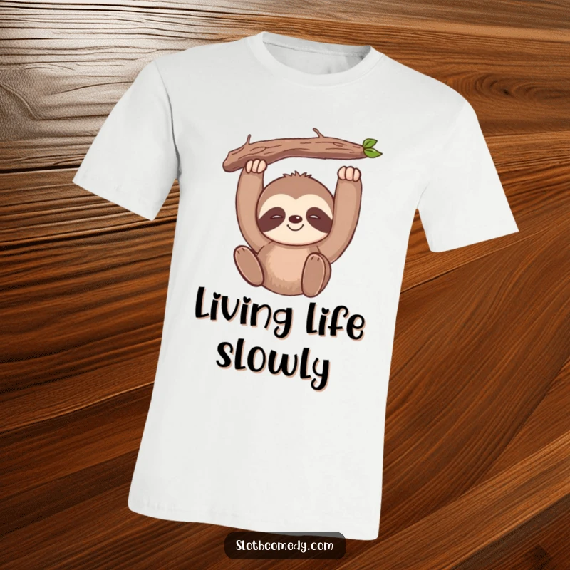 Funny kawaii sloth t-shirt with a slow, content smile, hanging leisurely from a branch, perfect for relaxation.