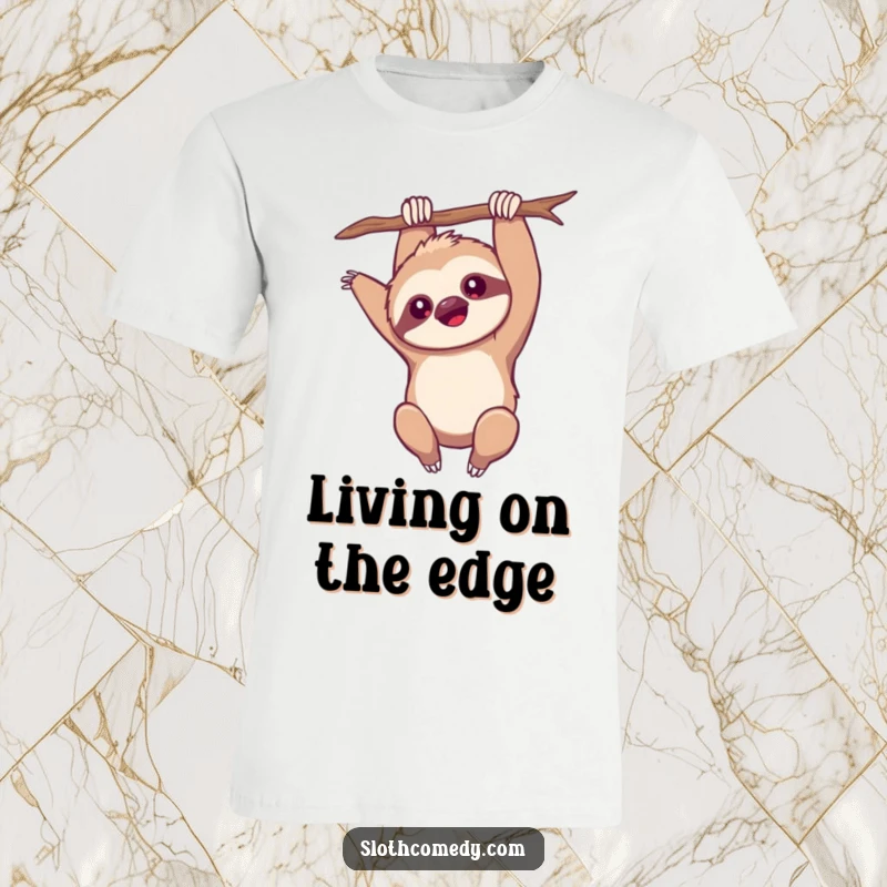Funny T-Shirt: A cute kawaii sloth hangs upside down, reaching out with one arm, showcasing playful rebellion, a funny gift.