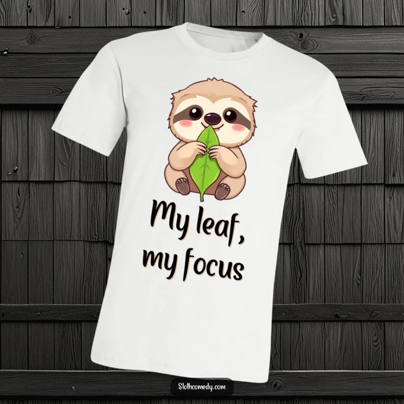Funny kawaii sloth holding a single leaf with intense focus on a t-shirt, for disciplined and humorous individuals.