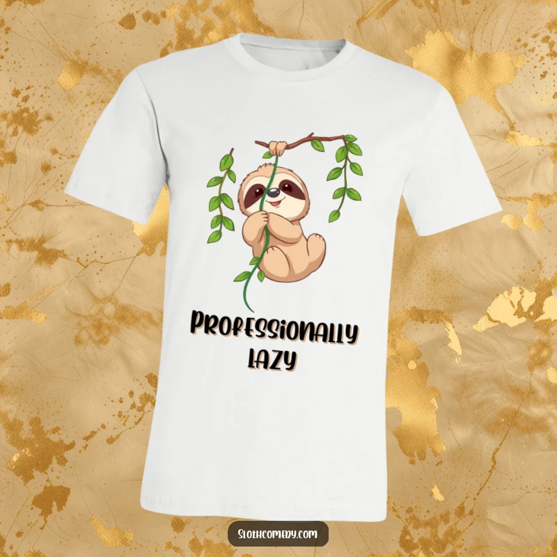 Funny t-shirt depicting a cute sloth playfully entangled in a lush green vine, looking relaxed and content.