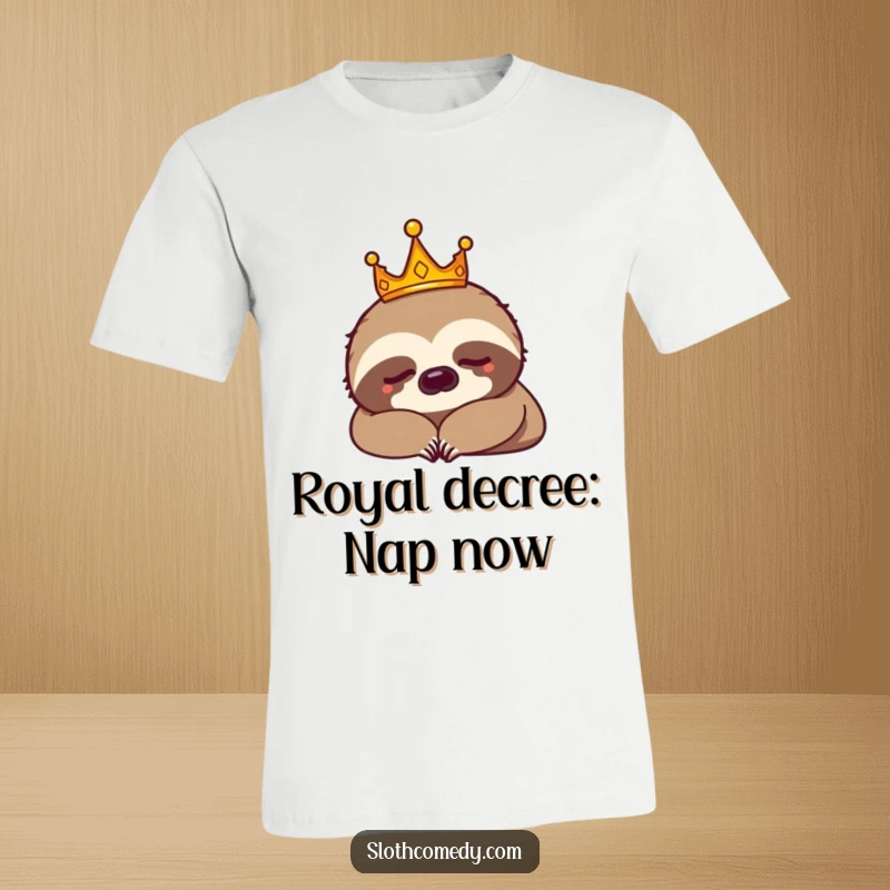 Funny sloth king wearing a tiny crown while napping on a t-shirt. Ideal for humor lovers and gift-givers.