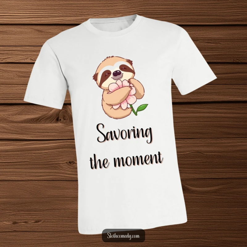 Funny T-Shirt featuring a sloth in a slow, tender embrace with a large flower, radiating pure delight.
