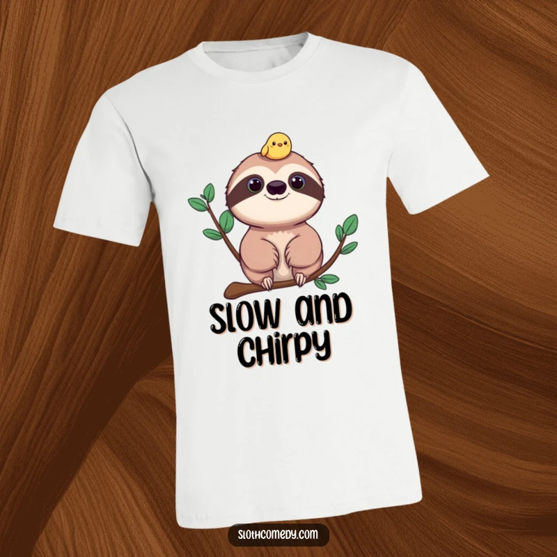Funny sloth t-shirt, depicting a relaxed sloth with a tiny, happy bird perched on its head.