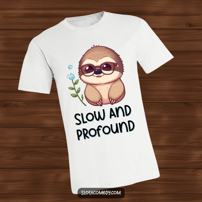 Funny t-shirt showing a sloth with tiny spectacles, gazing introspectively at a dewdrop, embodying intellectual calm.