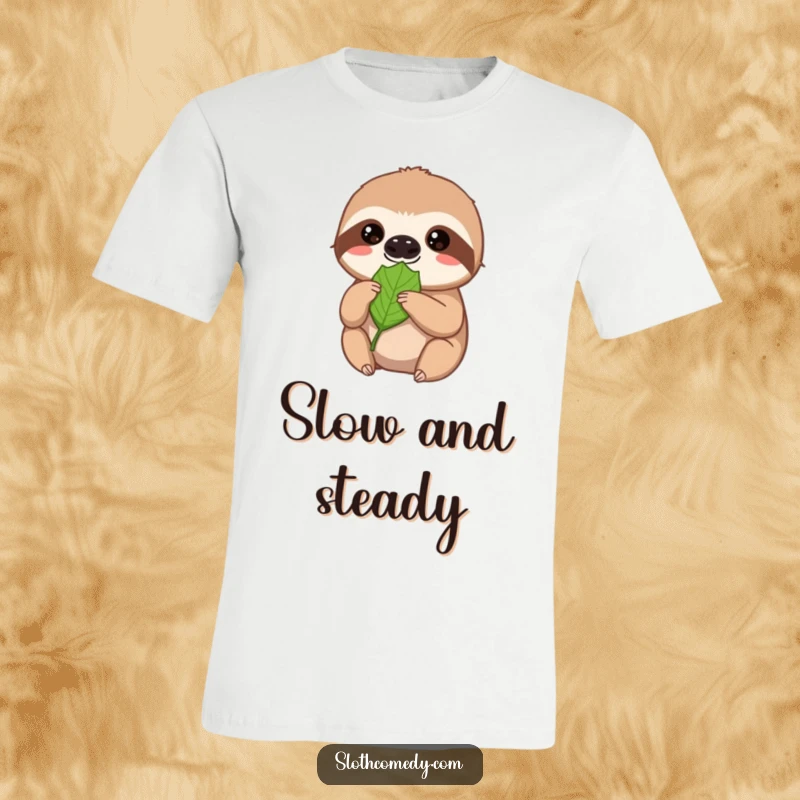 Funny sloth t-shirt, a sweet sloth offers a leaf with extreme patience and a soft gaze, great for relaxed individuals.