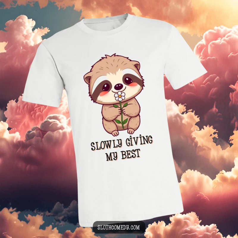 Funny Kawaii Sloth Shirt: A sloth attempts to give a small flower, symbolizing humorous effort and perseverance.