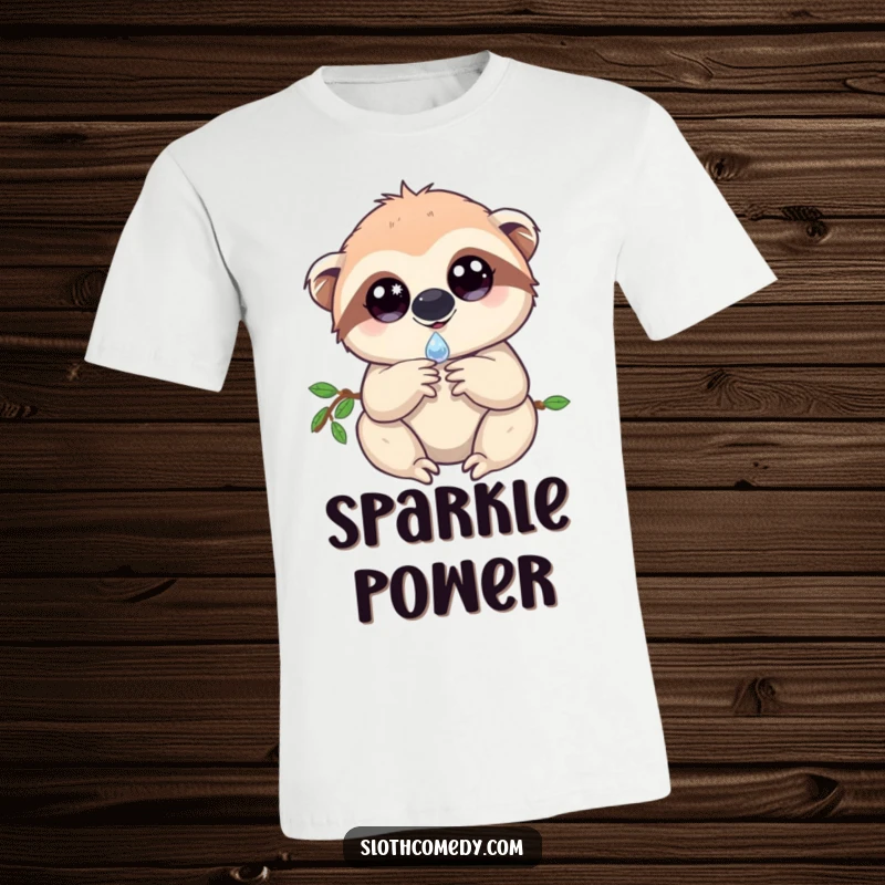 Whimsical t-shirt depicting a sloth with truly sparkling eyes, gently holding a single dewdrop, radiating a sense of wonder.