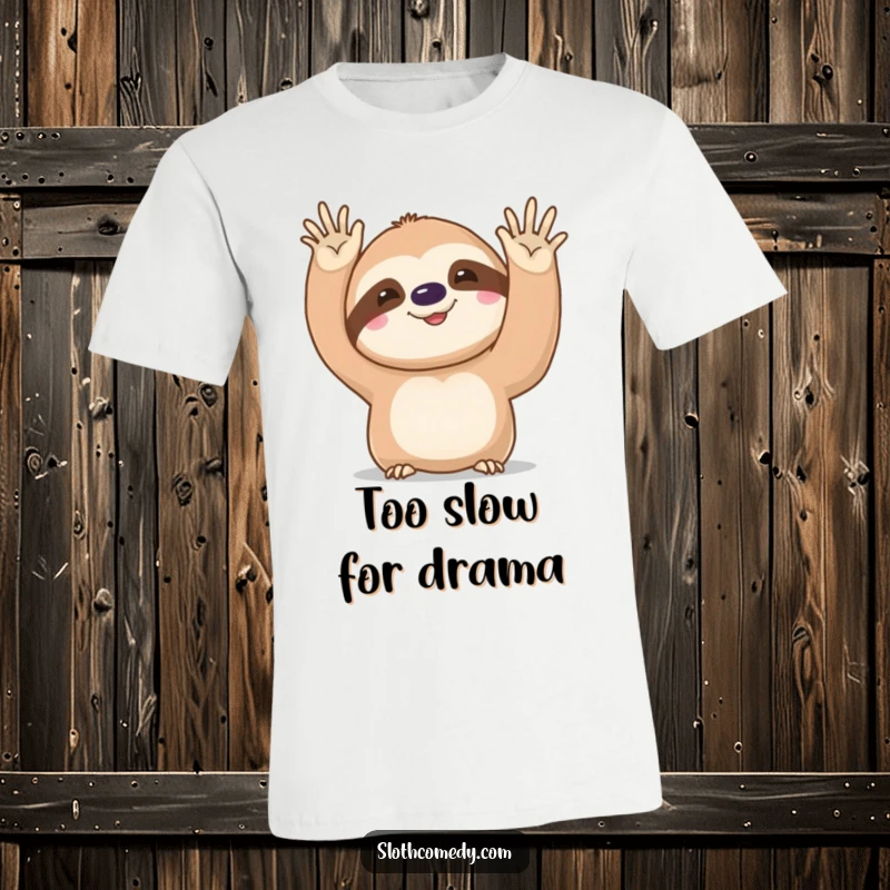 Funny kawaii sloth t-shirt featuring a cute sloth giving a super slow, funny wave, perfect for casual, humorous wear.