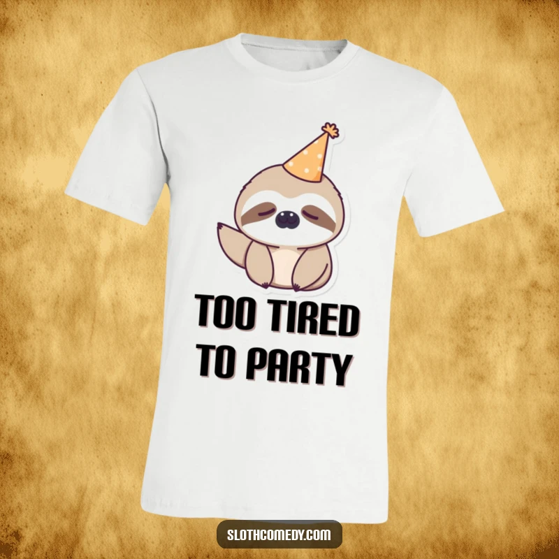 Funny kawaii sloth wearing a tiny party hat, looking sleepy on a t-shirt, celebrating humor and relaxation.