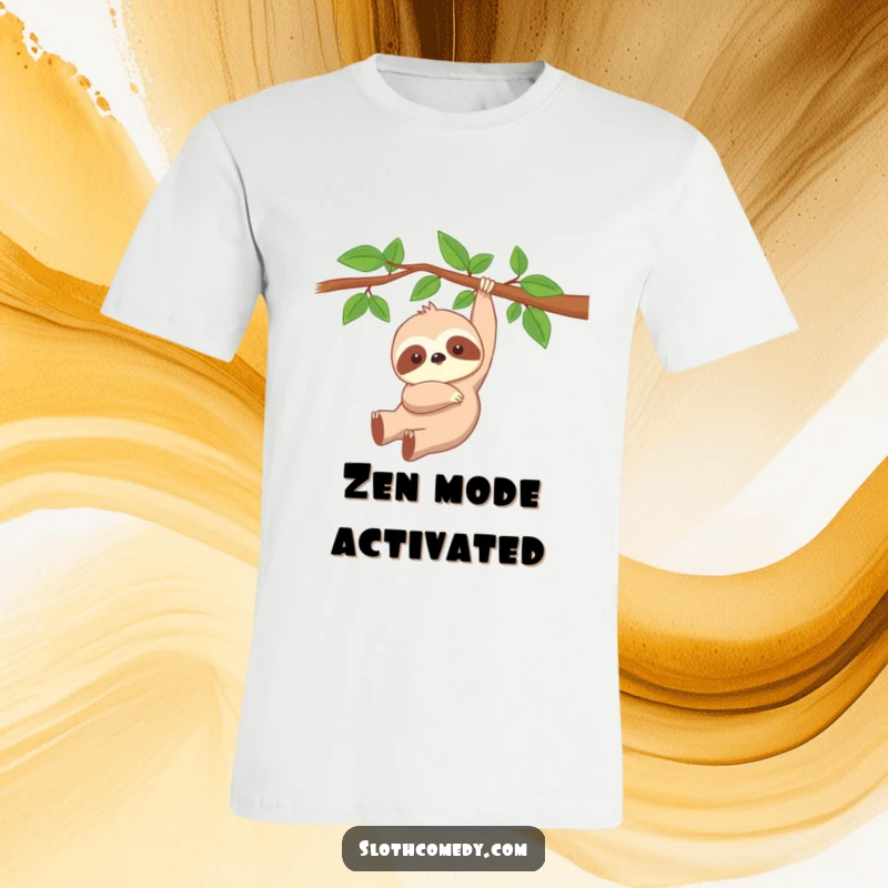 Funny Kawaii Sloth T-Shirt illustrating a cute, peacefully dangling sloth hanging from a branch, embodying relaxed humor.