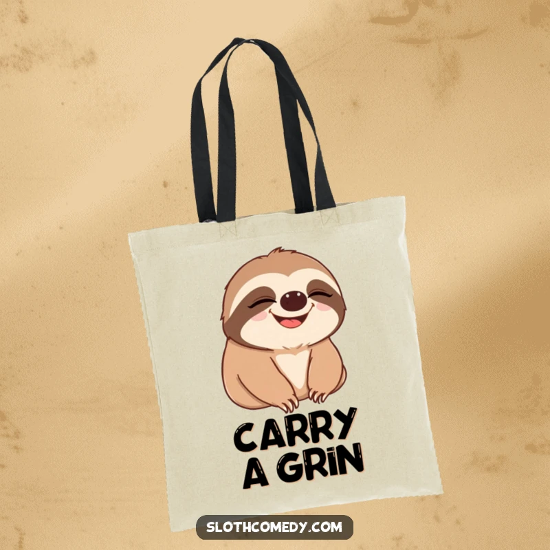 Funny tote bag with a design of a sloth slowly blinking, then breaking into a wide, happy grin, perfect for carrying essentials with humor.