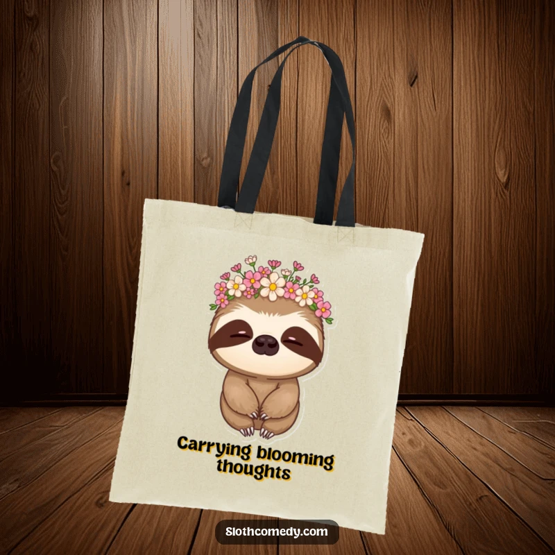 Funny sloth tote bag with a sloth wearing a flower crown, nodding slowly, a stylish and humorous accessory.