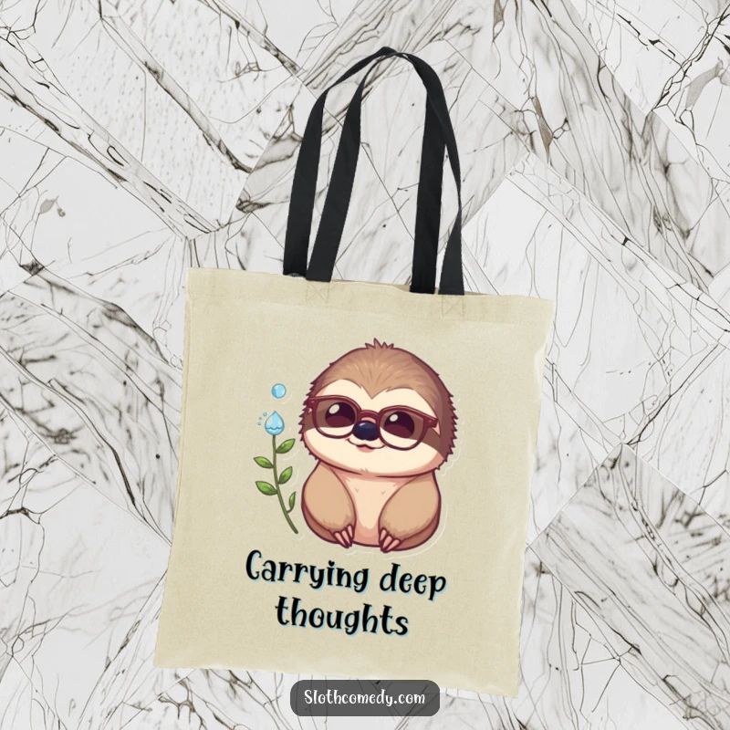 Funny tote bag featuring a bright-eyed sloth with glasses, contemplating a dewdrop, practical and humorous.