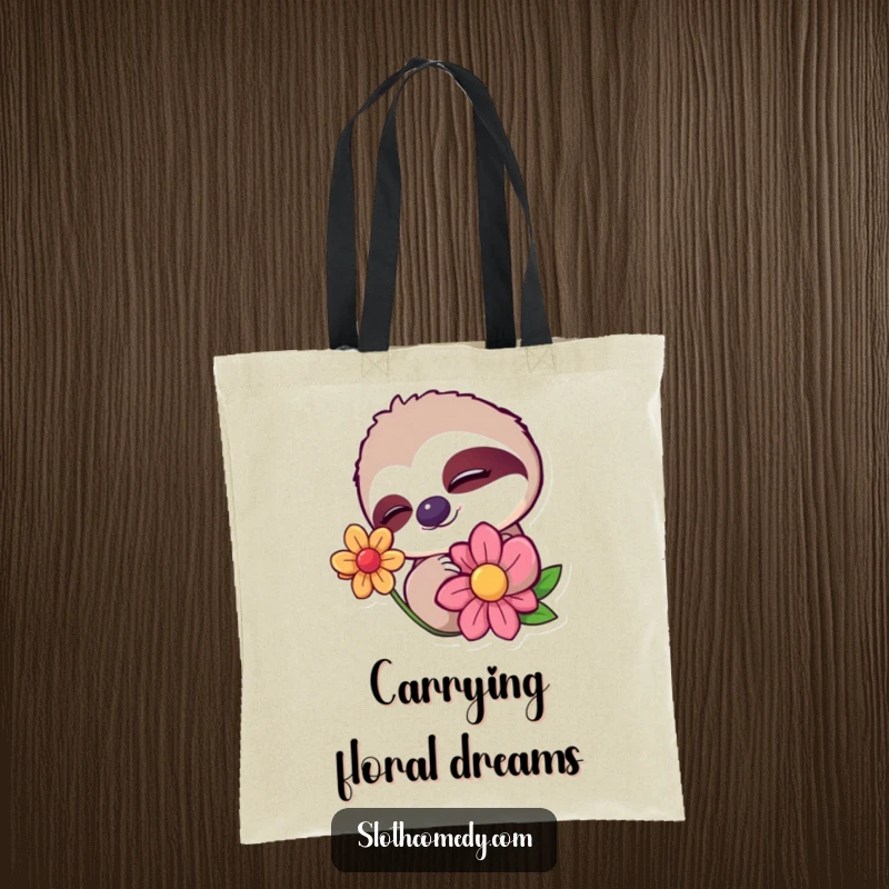Funny tote bag with a sloth character giving a slow, sleepy wink to a colorful flower, embodying gentle humor and charm.