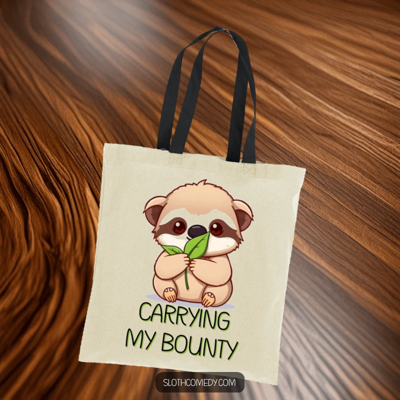 Funny kawaii sloth tote bag depicting intense focus on holding a single leaf, perfect for carrying necessities with purpose.
