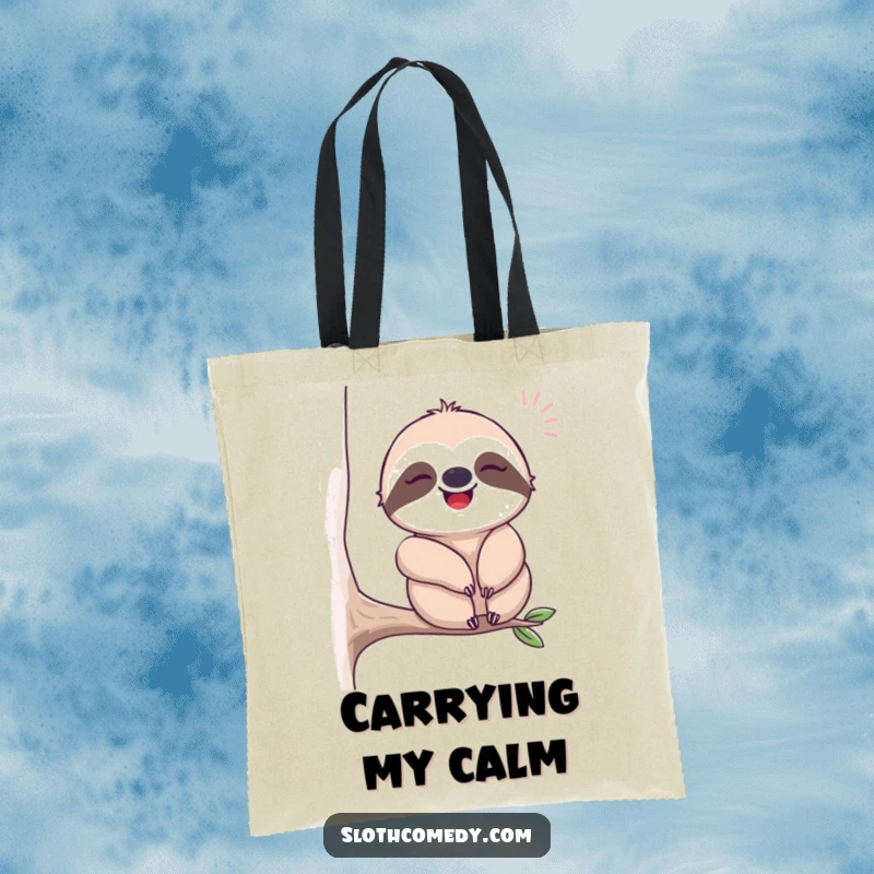Funny tote bag featuring a content sloth sighing happily and swaying, symbolizing ultimate relaxation and a stress-free lifestyle.
