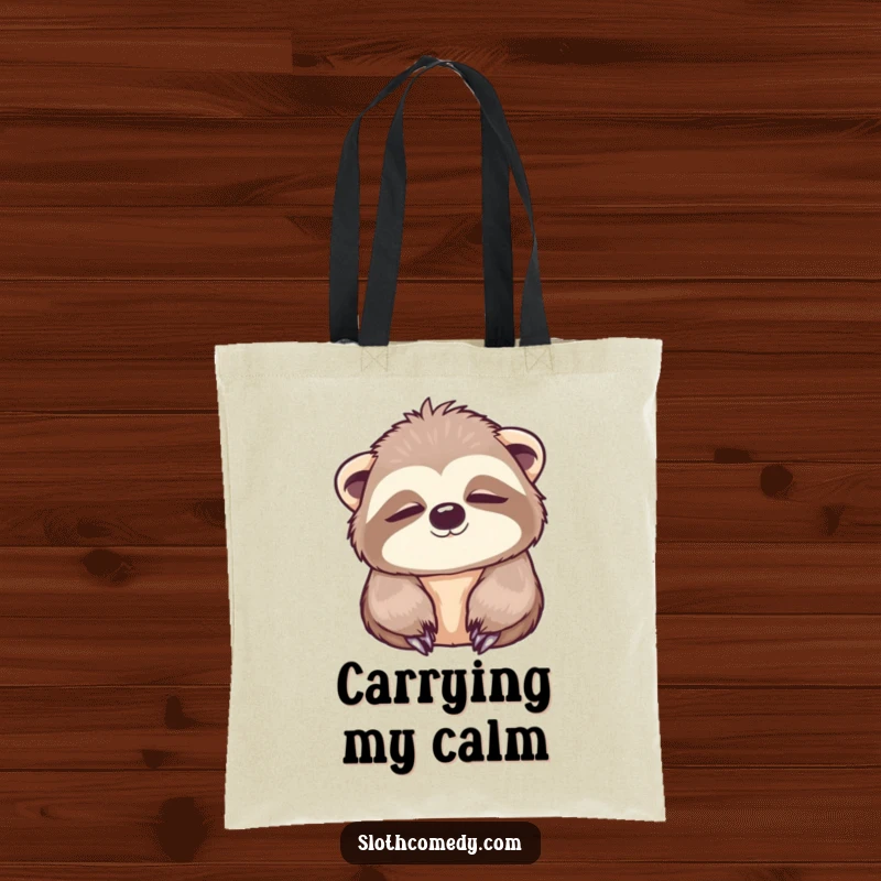 Funny Tote Bag with a kawaii sloth slowly blinking, wide peaceful eyes, perfect for carrying essentials with a relaxed, charming vibe.