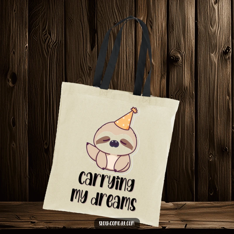 Funny kawaii sloth wearing a tiny party hat, looking sleepy on a tote bag, ideal for shopping and humor.