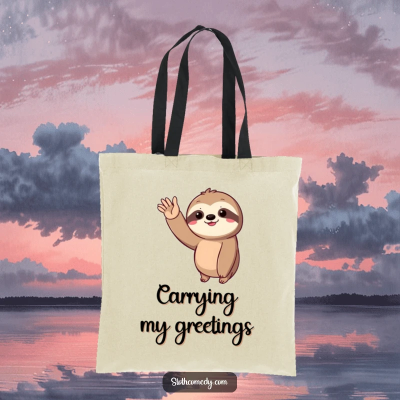 Funny Tote Bag featuring a sloth’s signature slow, joyful wave, perfect for carrying books and good vibes.