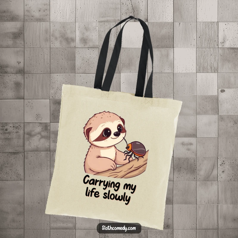 Funny tote bag showcasing a sloth mesmerized by a beetle's slow trek, highlighting a peaceful and humorous appreciation for the unhurried.