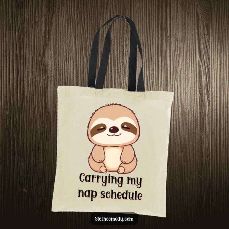 Funny kawaii sloth tote bag with a contented sigh, demonstrating a humorous and relaxed approach to carrying essentials.