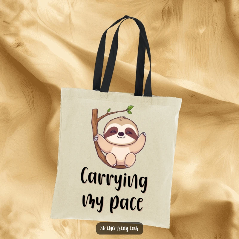 Funny Kawaii Sloth Tote Bag: A spacious bag featuring a sloth with a slow smile, hanging from a branch, great for shopping.