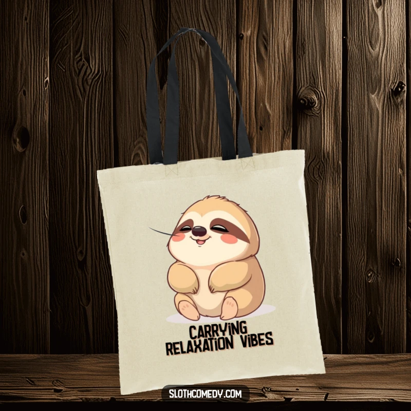 Funny tote bag with a chubby sloth character looking completely relaxed, enjoying a gentle breeze. Embodies a humorous sense of peace.