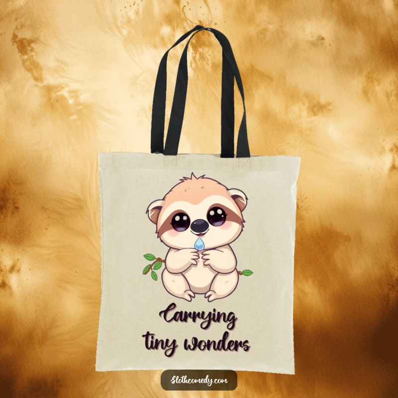 Enchanting tote bag featuring a sloth with bright, sparkling eyes, carefully holding a single shimmering dewdrop, perfect for carrying magic.