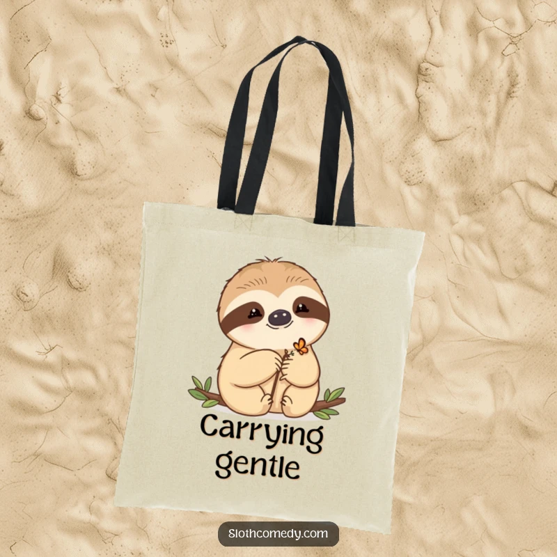 Funny Tote Bag with a kawaii sloth letting a tiny butterfly rest on its paw, perfect for carrying essentials with gentle charm.