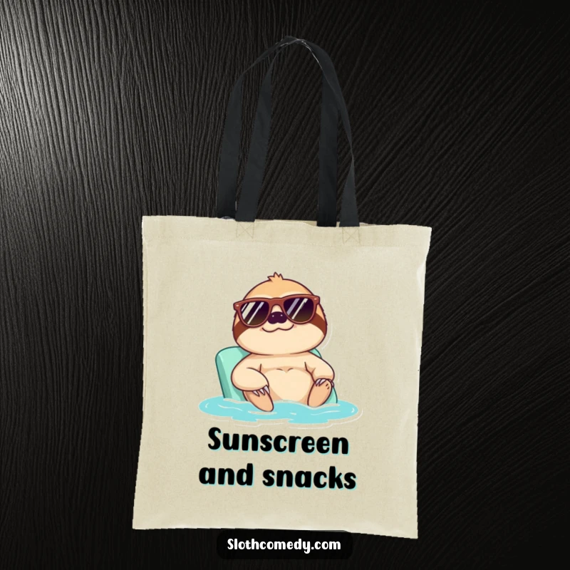Funny tote bag showcasing a sloth in sunglasses enjoying a sunbath, perfect for carrying essentials with humorous, laid-back style.