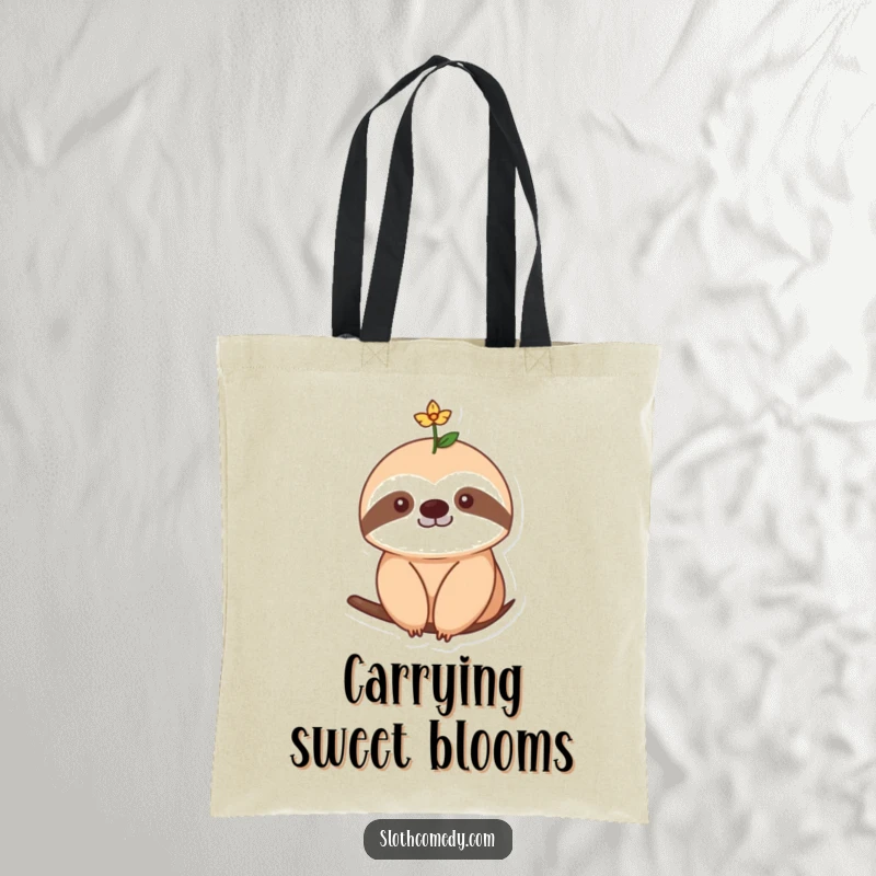 Funny Tote Bag showcasing a sloth with a single, tiny flower blooming on its head, adding a touch of natural sweetness and charm.
