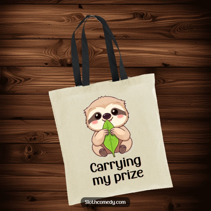 Funny kawaii sloth holding a single leaf with intense focus on a tote bag, for carrying essentials humorously.